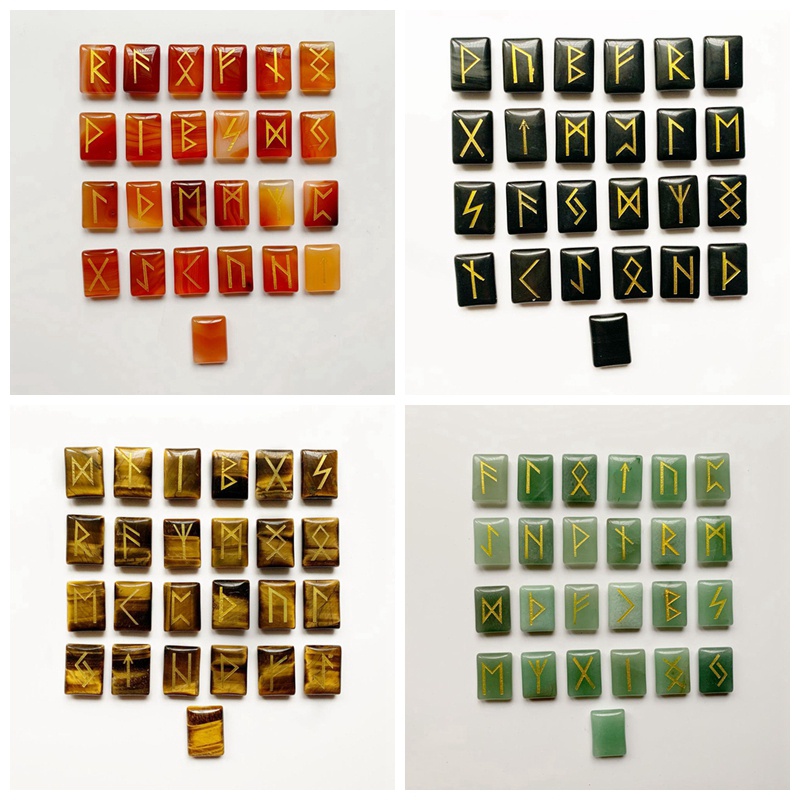 25 ชิ้นสีเขียว Aventurine หิน Runes ชุดตกแต่งบ้านตาราง Tiger Eye สีดํา ...