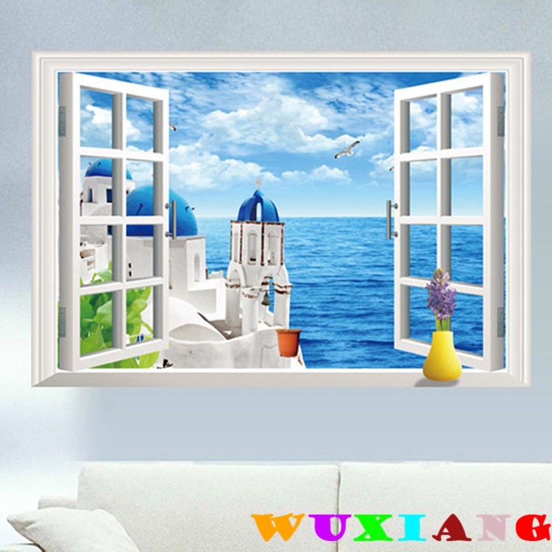 60-90cm-หน้าต่างปลอมสีฟ้าริมทะเลตกแต่งห้องสติกเกอร์ติดผนัง