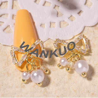 สินค้า 【WANKUO】Women\'s Nail Art Zircon Bowknot Ornaments Color Preserving of Gold Chain Hanging Drop Pearl Micro Water Drill Ladies Nail Accessories
