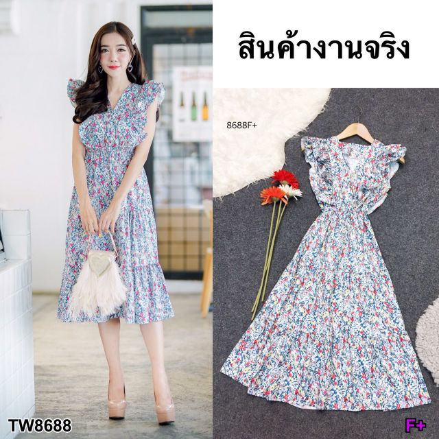 maxi-dress-แม็กซี่เดรสไหล่ระบาย-แขนกุด-ผ้าไหมอิตาลี่พิมลายดอกไม้-งานติดกระดุมอก