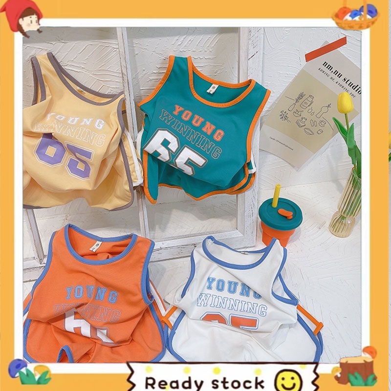 ภาพหน้าปกสินค้าBaby Boys' Cotton Vest and Shorts Two-Piece Set 2021 New kids Short Sleeve Top Basketball Wear Sports Suit