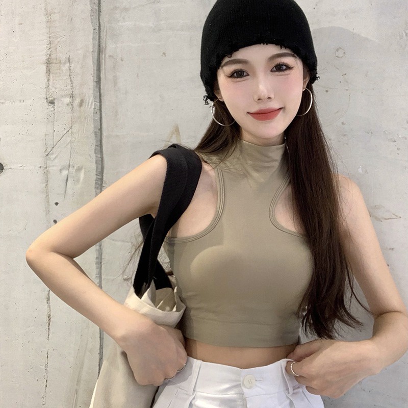 เสื้อครอปแขนกุด-สวมใส่สบาย-พร้อมเสื้อชั้นในในตัว-สีดํา-สไตล์สปอร์ต