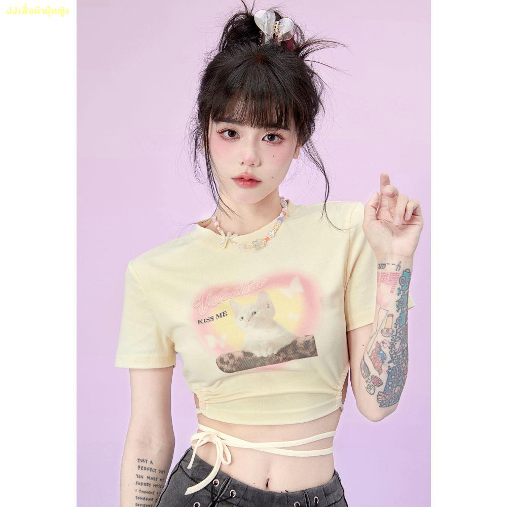 มีสินค้า-sweet-and-spicy-girl-irregular-strap-cat-print-t-shirt-slim-short-top-women