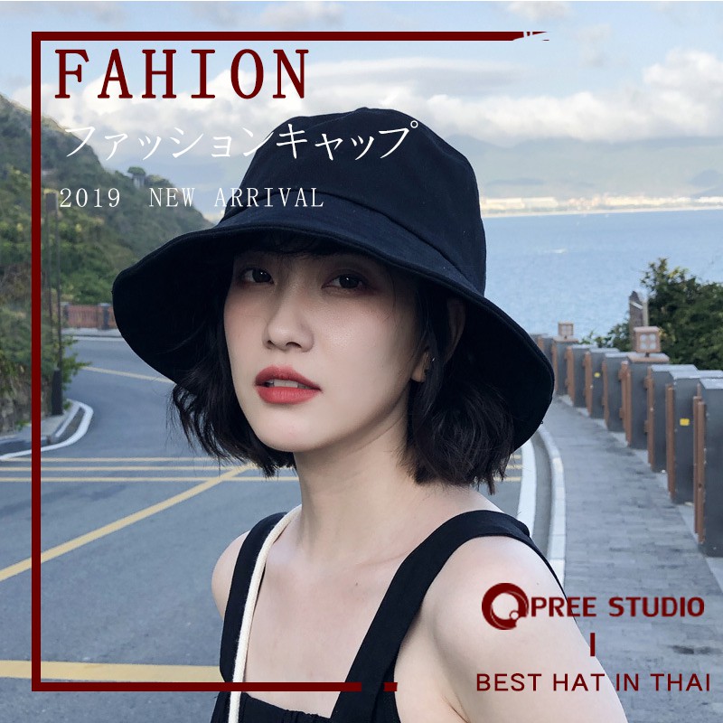 รูปภาพของเน็ตไอดอล หมวกบักเก็ตแก็ตผู้หญิง หมวกผ้าสีดำ สไลด์เกาหลี สาวแท่ กันแดดกันยูวี รุ่นA014 สีดำลองเช็คราคา