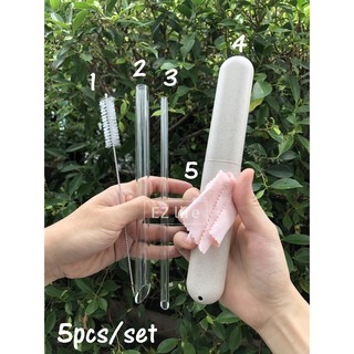 EZ หลอดแก้ว หลอดชานมไข่มุก 5pcs/set Reusable Clear Glass Straw ปากแก้วเฉียง พร้อมแปรงทำความสะอาด Upgrade New