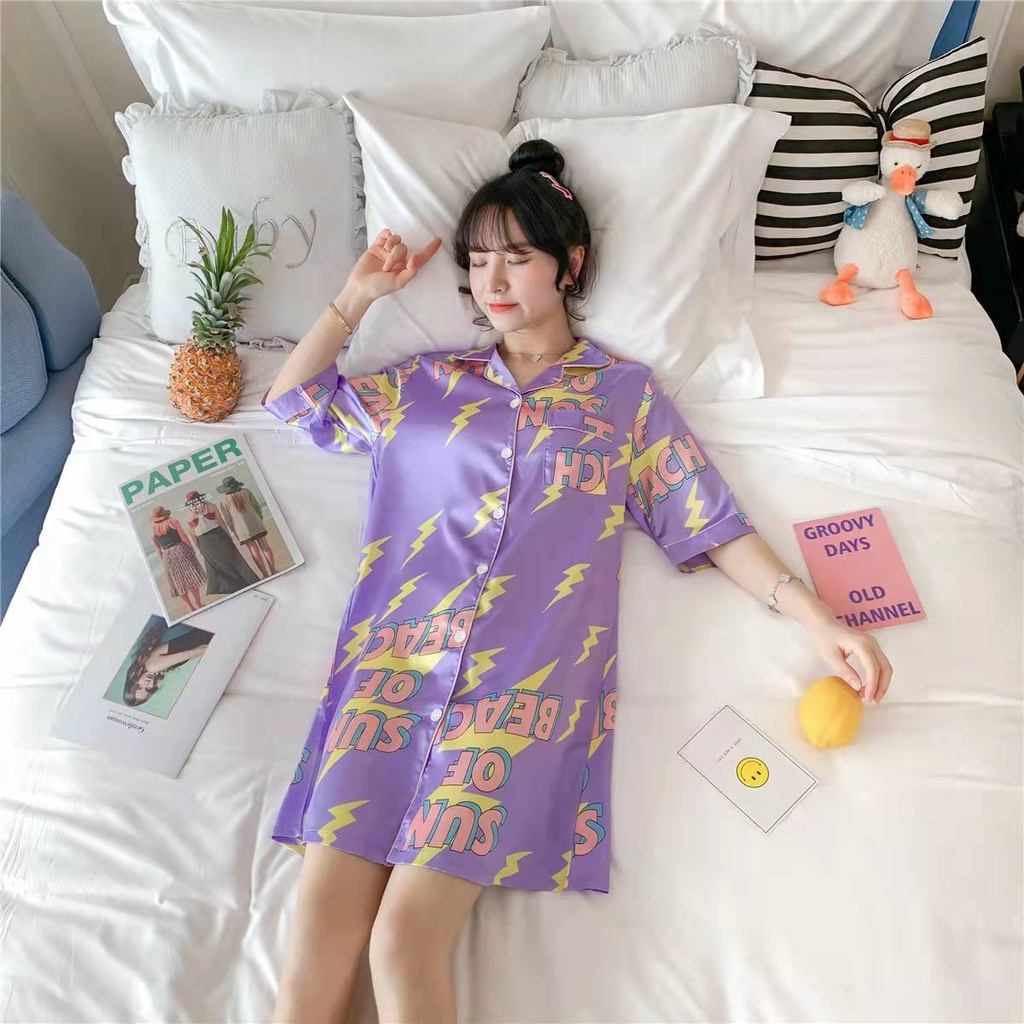 พร้อมส่งส่งจากไทย-size-l-ชุดนอนสำหรับผู้หญิงงานซาติน-กระโปรงมีลาย