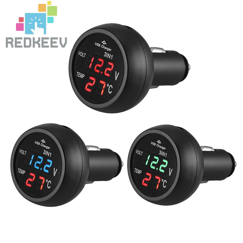 ราคาและรีวิวredkeev 3 in 1 12/24V Car Auto LED Digital Voltmeter Gauge+Thermometer+USB Charger