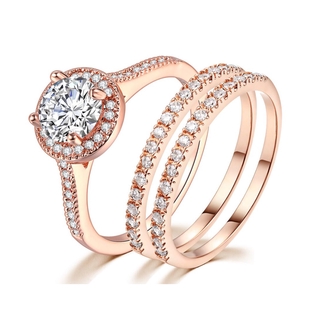 สินค้า ZHOUYANG ชุด แหวนแต่งงานสำหรับผู้หญิงที่เรียบง่ายคลาสสิกสไตล์ AAA + เพทายสี โรสโกลด์ 2-3 ชิ้น ของขวัญเครื่องประดับแฟชั่น SR781