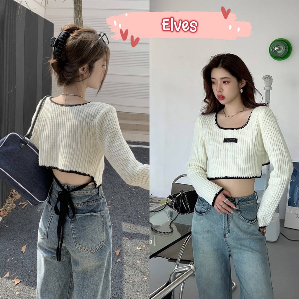 elves-พร้อมส่ง-เสื้อไหมพรมแขนยาว-ทรงครอปสั้น-ดีเทลเชือกผูกเอวเก๋ๆ-44152-c