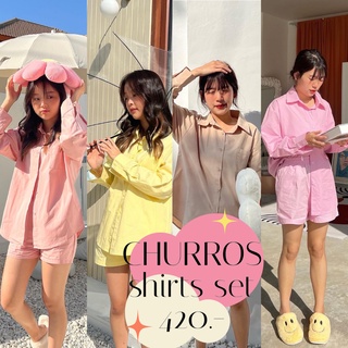 chuuchop_พร้อมส่ง(C7552) 🍢🥯 CHURROS shirts set ชุดเซ็ตเสื้อเชิ้ตแขนยาวและกางเกงขาสั้น มี4สี