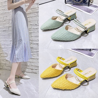 🎇เตรียมจัดส่ง🎇สองสวม Baotou รองเท้าแตะส้นหนาผู้หญิงใหม่สวมใส่ด้านนอกชี้นิ้วเท้าครึ่งรองเท้าแตะรองเท้าผู้หญิง