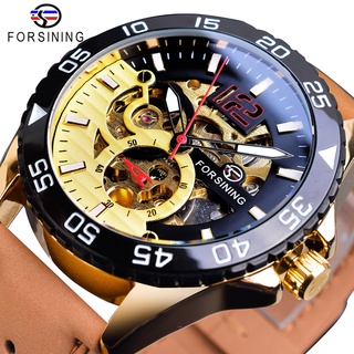 Forsining Mens Watches Automatic Fashion Half Skeleton Dial Color Sports Clock Genuine Brown Leather Male Mechanical Wri