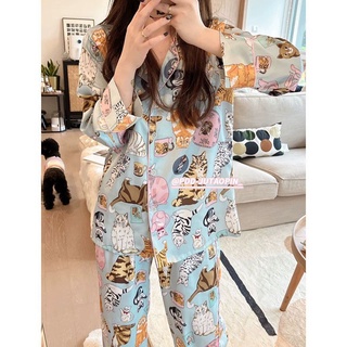 💫ชุดนอนแขนยาวขายาว ชุดนอน-ชุดนอนสตรี Pajama Set กางเกงลายการ์ตูนน่ารัก แขนยาว