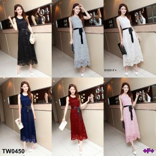 &lt;TW0450&gt;MaxiDress เดรสผ้าลูกไม้ทรงยาว แขนกุด แต่งโบว์ผูก ริ้บบิ้น   เพิ่มดีเทลสวยๆ แมตกันมากๆๆ  เอวยืดสม็อคหลัง