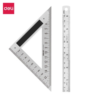 Deli ไม้บรรทัดเหล็ก+ไม้บรรทัดฉากสามเหลี่ยม (set) ไม้บรรทัด ฟุตเหล็ก ไม้วัดสเกล ไม้บรรทัดฟุตเหล็ก ยาว 15 ซม Metal ruler