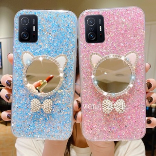 2021 New Casing Xiaomi 11T Pro 11T Mi 11 Lite 5G NE เคส Phone Case with Bowknot Diamond Makeup Mirror Silicone Protective High Flash Soft Back Cover เคสโทรศัพท