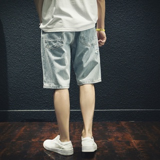 ₪Tide แบรนด์กางเกงยีนส์ขาสั้นชายทรงหลวมนักเรียนขอทานห้าจุดกางเกงเกาหลีฤดูร้อนกางเกงลำลองบาง