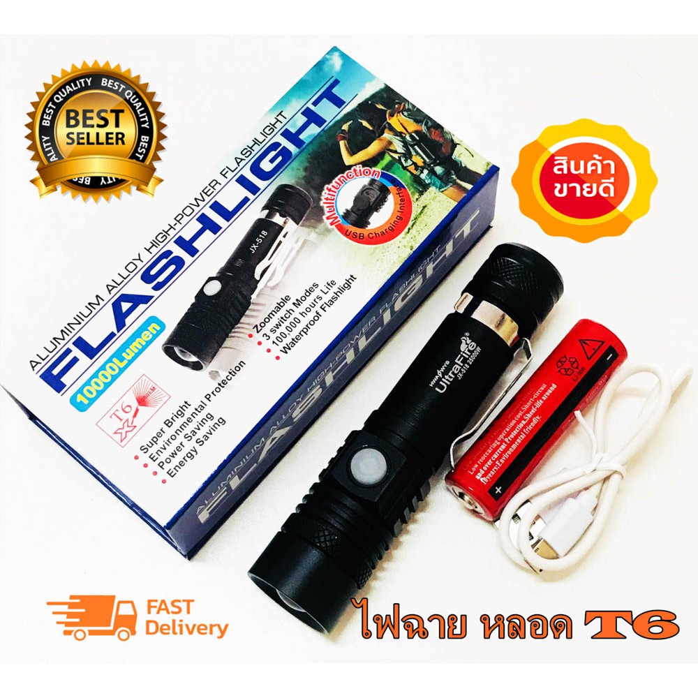 ภาพหน้าปกสินค้าไฟฉายหลอดT6แรงชาร์จไฟผ่าน USB FLASH LIGHT T6 USB 518 ปรับโหมด 3 แบบ / แบตอึด 5000mAh 4.2v