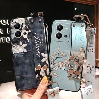 Ready Stock 2022 New Casing VIVO Y16 V25 V25e V25 Pro 5G Y35 2022 Y22 Y22s เคส Phone Case Glitter Flower Pattern with Wristband Lanyard Soft Case Back Cover เคสโทรศัพท