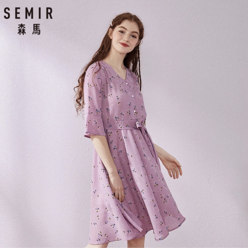 sale-พร้อมส่ง-semir-v-neck-pink-floral-chiffon-dress