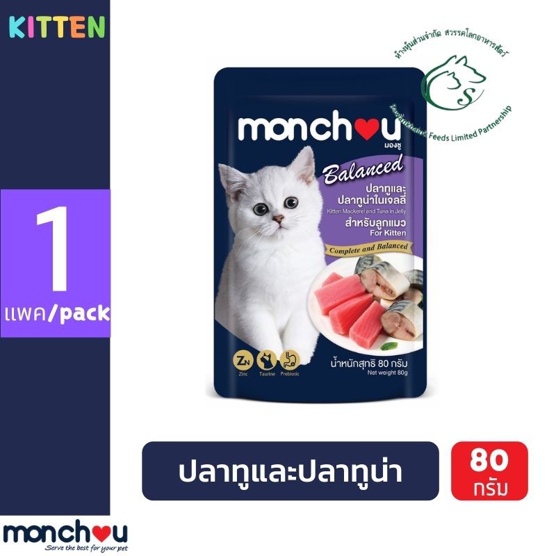 ภาพหน้าปกสินค้าMonchou Balanced มองชู บาลานซ์ อาหารแมวแบบเปยกในเจลลี่ สำหรับลูกแมวอายุ 3 เดือนขึ้นไป ชนิดซอง 80 กรัม