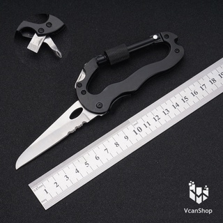 สินค้า Carabiner Tool 5 in 1 ห่วงเกี่ยวพร้อมมีดพก เครื่องมืออเนกประสงค์ คาราบิเนอร์ เกลียวล็อค แหวนล็อคคาราบิเนอร์