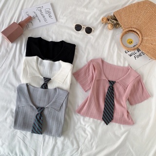 เสื้อครอปผ้าร่องปกเชิ้ต แต่งเน็คไทด์ เก๋ๆ