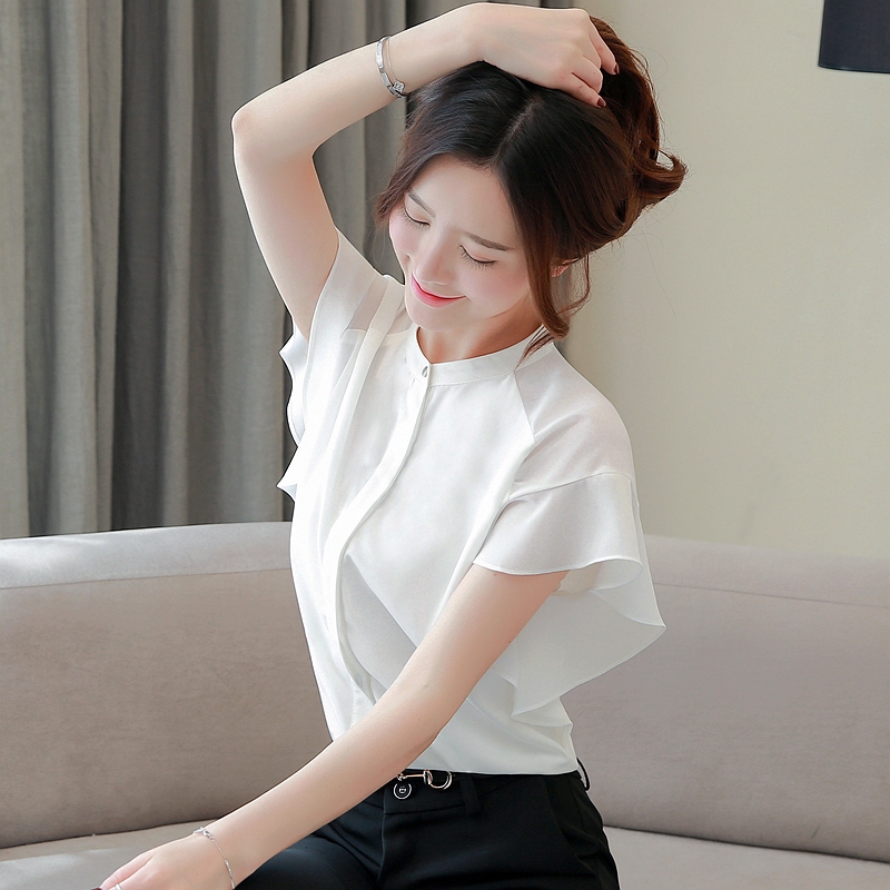 แฟชั่นสตรีเสื้อชีฟองแขนกุดคอกลมสีขาวสีขาวสไตล์เกาหลี