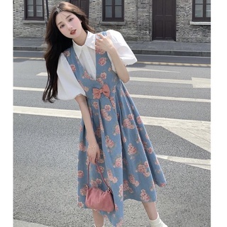 🔥In stock👑2022 new preppy fashion suit womens high waist slim floral dress top two-piece อินเทรนด์