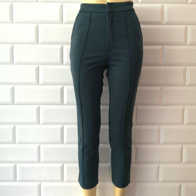 กางเกง-7-ส่วน-ขากระบอกเล็ก-ตีเกร็ดหน้าผ้าโรเชฟ-กางเกง-ทำงานผู้หญิง-สีเขียวเข้ม-size-m
