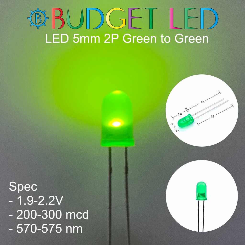 led-5mm-2p-green-to-green-สีเขียวออกเขียว-แอลอีดีหลอดขุ่น-ความสว่างสูง-ความร้อนต่ำ-20-ชิ้น-50-ชิ้น-100-ชิ้น