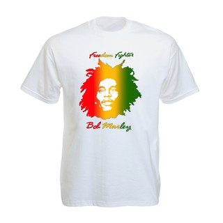 เสื้อยืดราสต้า Tee-Shirt Bob Marley Freedom Fighter เสื้อยืดสีขาว/ดำ ลายใบหน้า Bob Marley