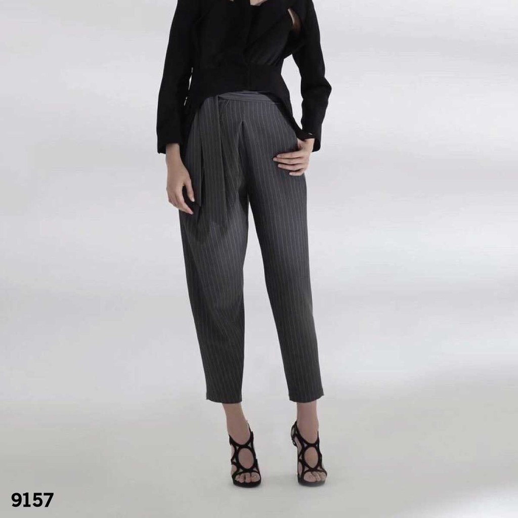 กางเกงขายาว-สำหรับผู้หญิง-ใส่ทำงานทรงบอลลูลายทางมี-2-สี-เทา-ดำ