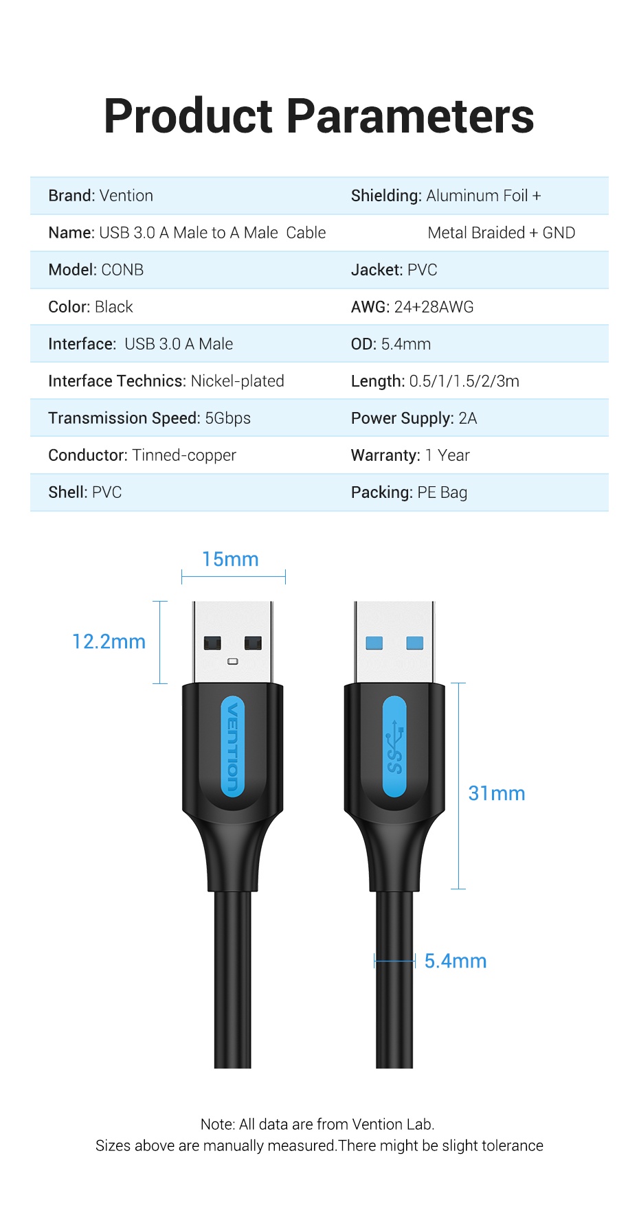 คำอธิบายเพิ่มเติมเกี่ยวกับ Vention สายเคเบิล USB 3.0 ขั้วต่อ ตัวผู้ 5Gbs ความเร็วสูง USB สําหรับถ่ายโอนข้อมูล Usb ตัวผู้ ไป ตัวผู้ แล็ปท็อป เดสก์ท็อป พีซี ปากกาแท็บเล็ต สมาร์ททีวี