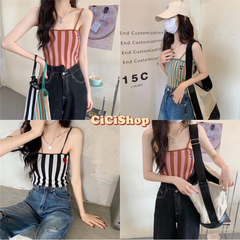 cicishop-27836-สายเดี่ยวcrop-ลายทาง-ปักลายมินิฮาร์ท-ตัวเล็ก-น่ารักสไตล์-เกาหลี