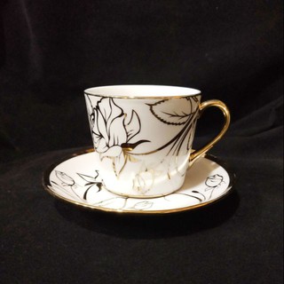 ชุดแก้วกาแฟ+จานรอง ชุดน้ำชาเซรามิค ชุบทองลายสวย เหมาะสำหรับของฝากของขวัญ กล่องชุด 6แก้ว+6จาน 咖啡茶具