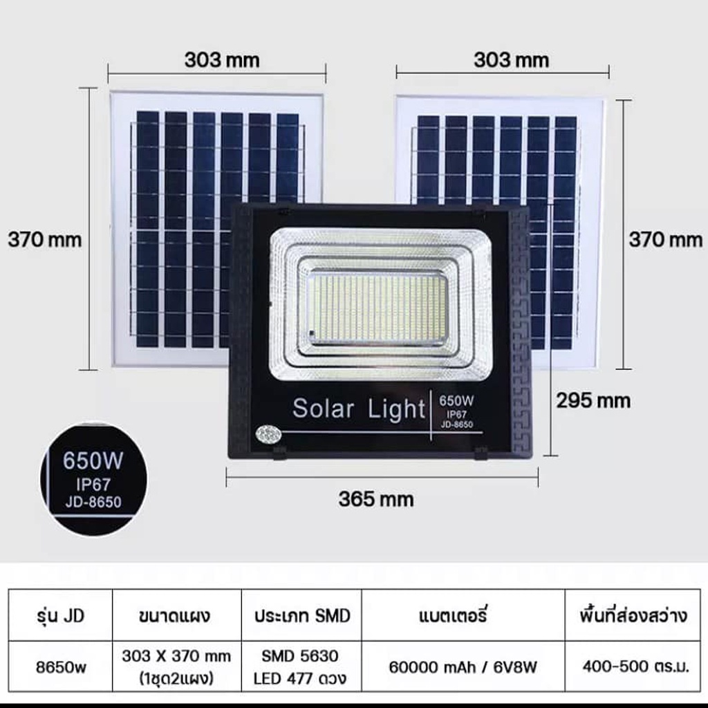 solar-spotlight-ไฟสปอตไลท์-ไฟโซลาเซลล์-solar-cell-650w-รุ่นjd-8650-รับประกัน3ปี