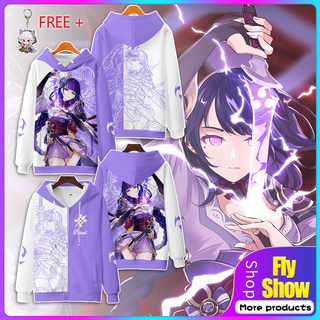 เสื้อกันหนาวเสื้อฮู้ดคอสเพลย์พิมพ์ลาย Anime Genshin Impact Raiden Shogun Ball แฟชั่น Unisex