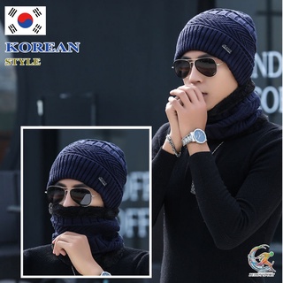 05A11 หมวกไหมพรมกันหนาว สไตล์เกาหลี พร้อมผ้าพันคอกันหนาวบุขนนุ่ม ชาย-หญิง