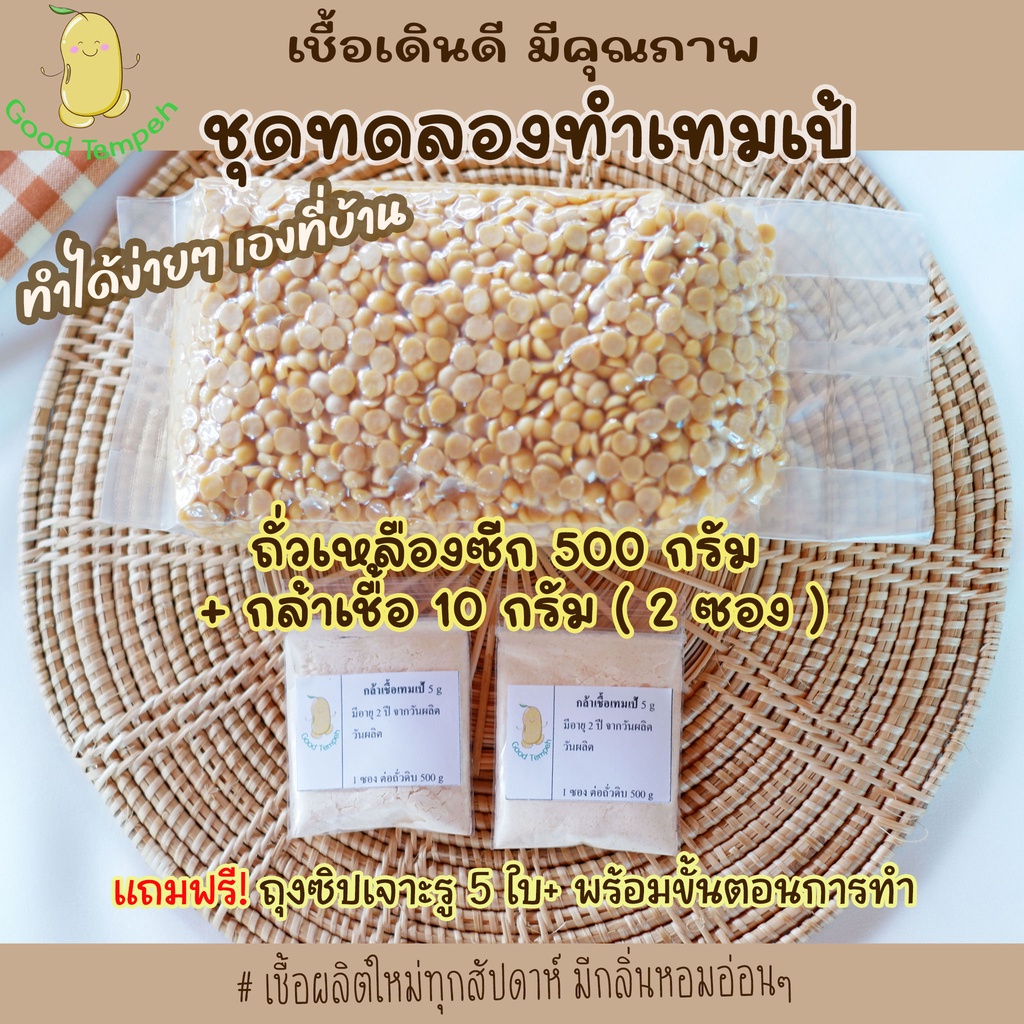 ชุดทดลองทำเทมเป้(Good Tempeh Kit) กล้าเชื้อ 10 กรัม+ถั่วเหลืองดิบ 500 ...