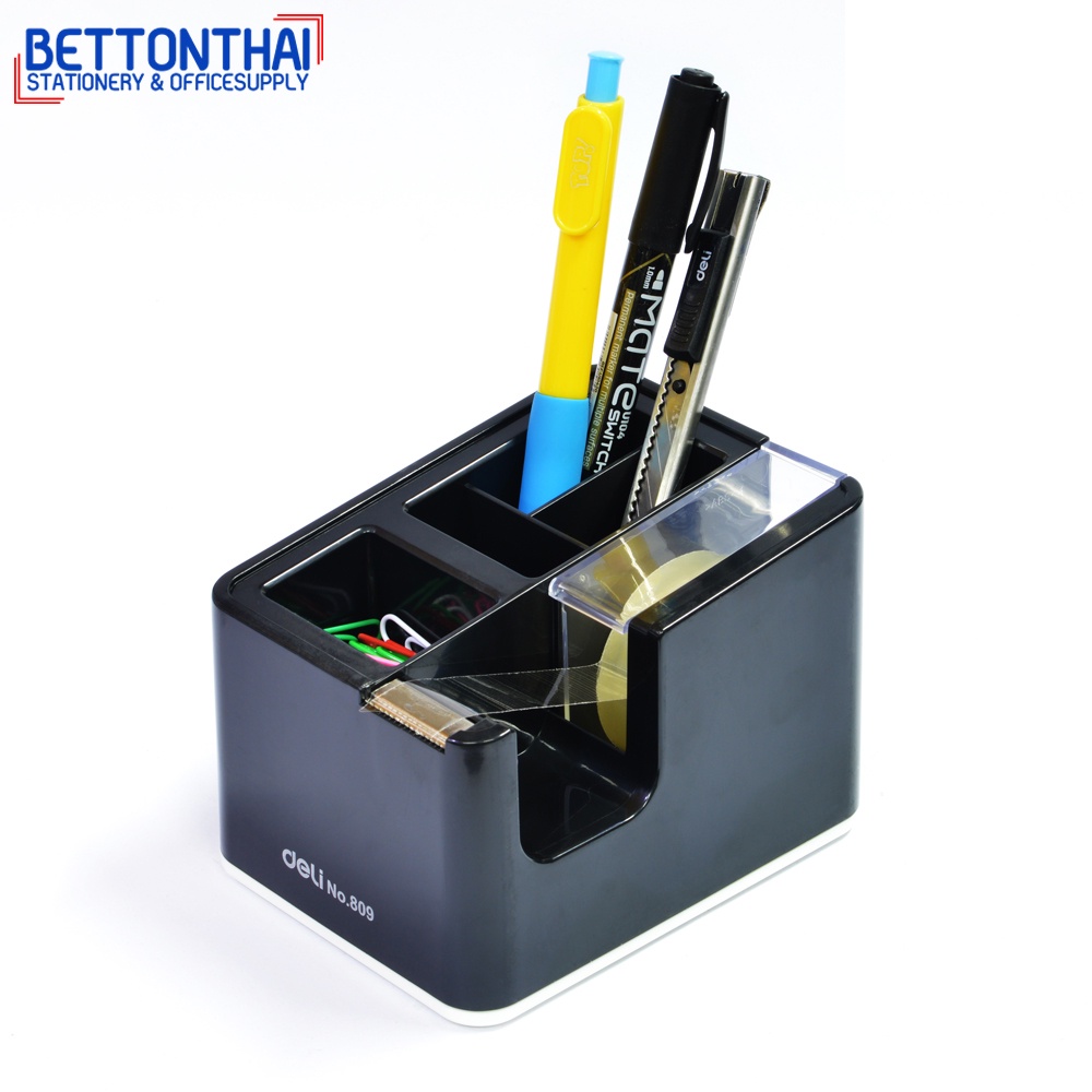 deli-809-tape-dispenser-ใส่เทป-1-ช่อง-ที่ใส่ปากกา-2-ช่องและช่องเก็บอุปกรณ์เสริม-2-ช่อง-กล่องดินสอ-ที่เสียบดินสอ-แท่นเทป