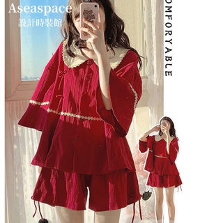 A aseaspace · ชุดนอน เสื้อคาร์ดิแกน แขนสั้น กางเกงขาสั้น ผ้าฝ้ายแท้ แบบบาง สีแดง แฟชั่นฤดูร้อน สําหรับผู้หญิง สองชิ้น