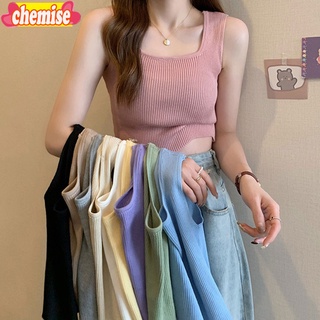 Chemisegrace✨พร้อมส่ง✨เสื้อ กล้ามครอป เสื้อสายเดี่ยวไหมพรม ​เสื้อแขนกุด  เนื้อผ้าไม่หนาไม่บาง 28019