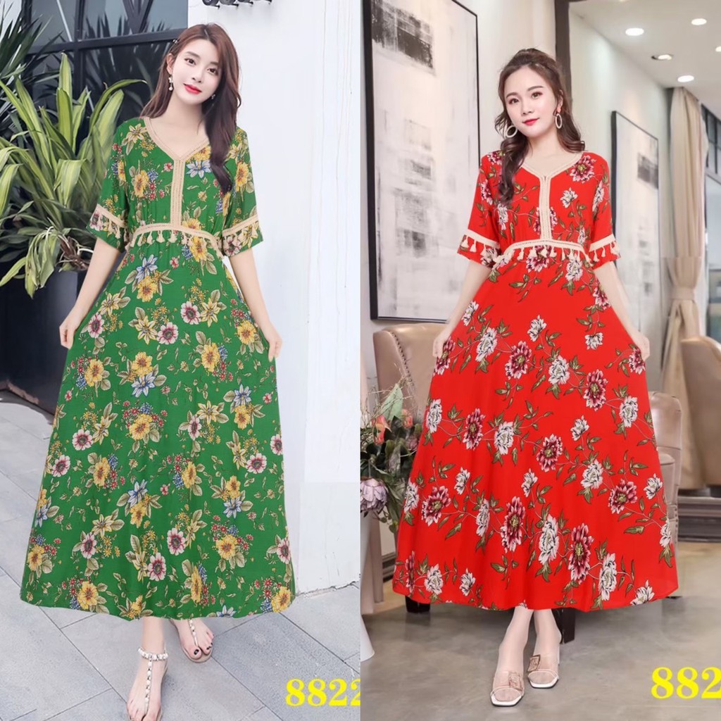 bahanmei-เดรส-ชุดเดรสยาว-ชุดเดรสแฟชั่น-เอวสม๊อค-ตกแต่งชายแขนเสื้อน่ารักๆ