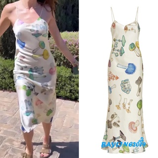 Bay-Women´s Summer Midi Dress, Sleeveless Spaghetti Strap V Neck Mushroom Print Long Dress