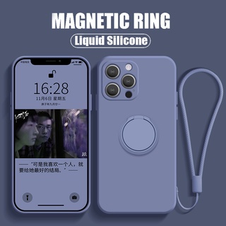 สุดหรูเคสซิลิโคนเหลวพร้อมที่วางแหวนแม่เหล็กเชือกเส้นเล็กฟรี สําหรับ iPhone 14 Pro Max / 14 Plus