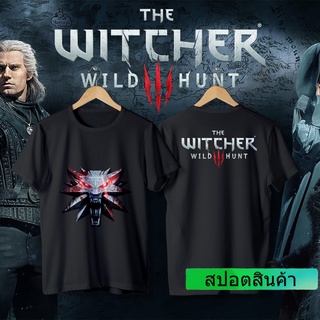 The Witcher เสื้อยืดเดอะวิชเชอร์ cotton 100% ลายโลโก้มังกรสีขาวและดำ