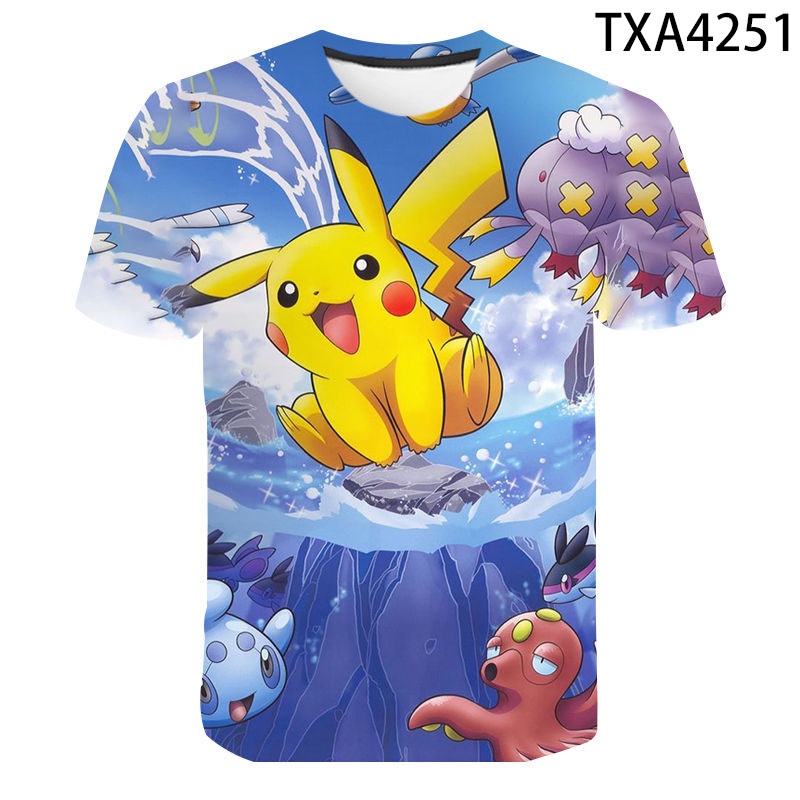 เสื้อยืดแขนสั้นพิมพ์ลายการ์ตูน-pokemon-3-มิติแฟชั่นสําหรับเด็ก