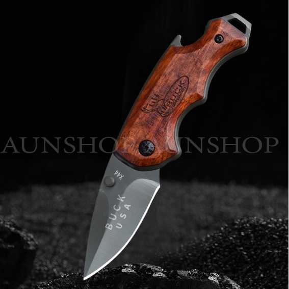 c7-มีดพับเล็ก-buck-x44-สีเทาดำ-folding-knife-ด้ามจับไม้แท้-พร้อมส่ง