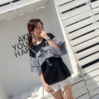 FBเสื้อแฟชั่นคอกลมแต่งผ้าลายสก๊อตแขนระบายสองชั้นสุดน่ารักสไตล์เกาหลี รหัส 1622-สีดำ